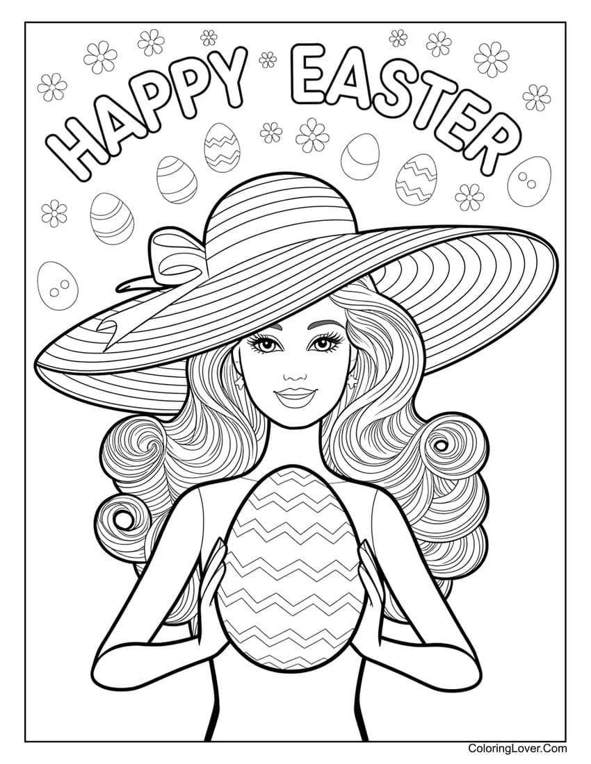 Barbie in elegant hat holding a decorated Easter egg coloring page