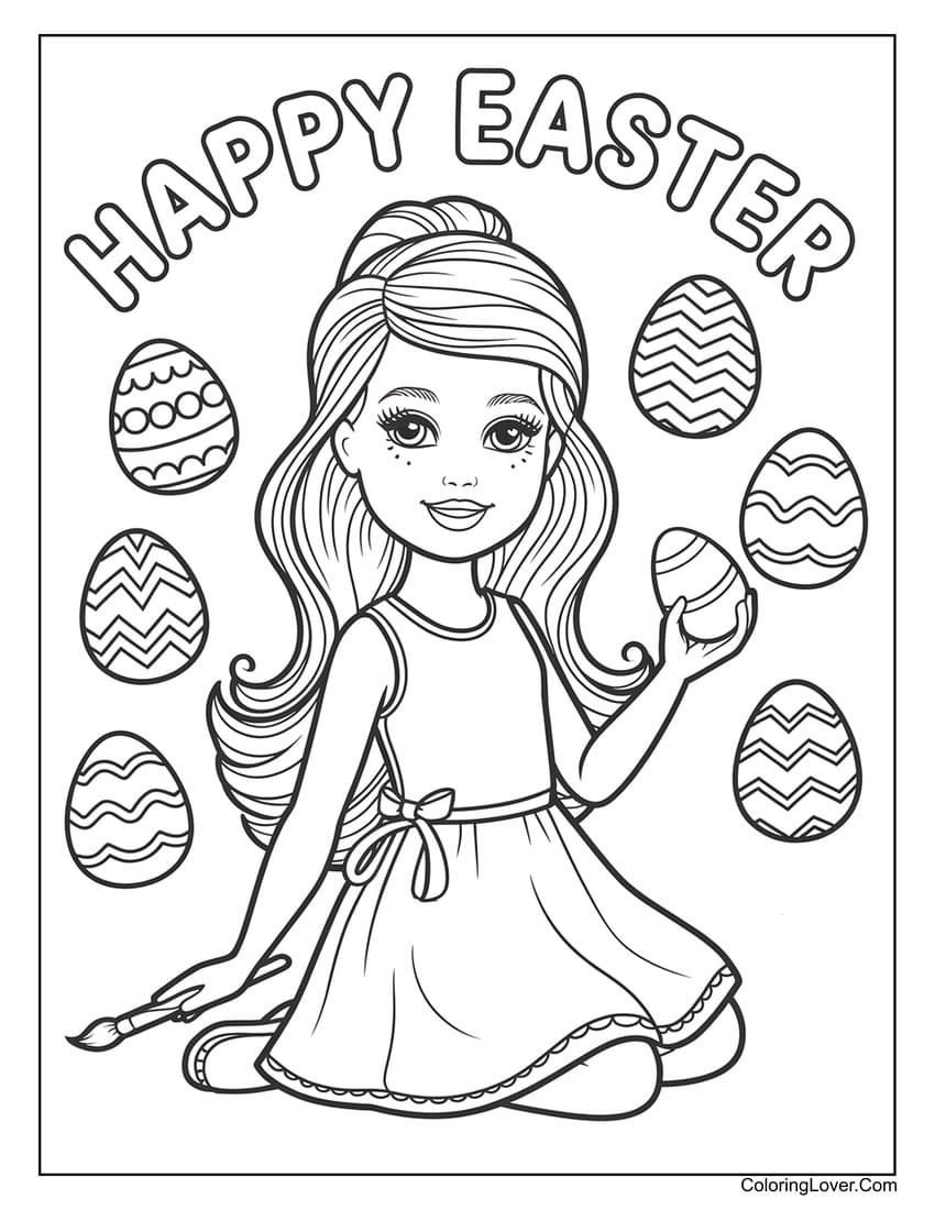Barbie painting colorful Easter eggs coloring page