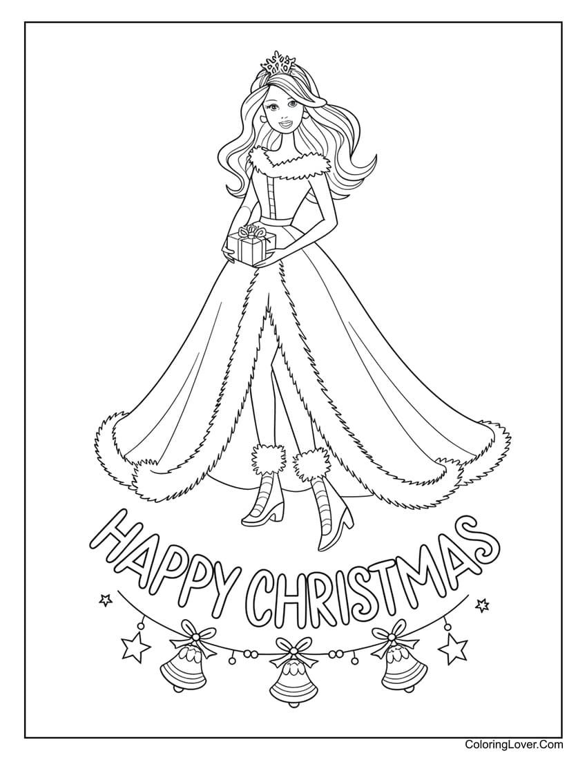 Barbie princess holding a Christmas gift coloring page