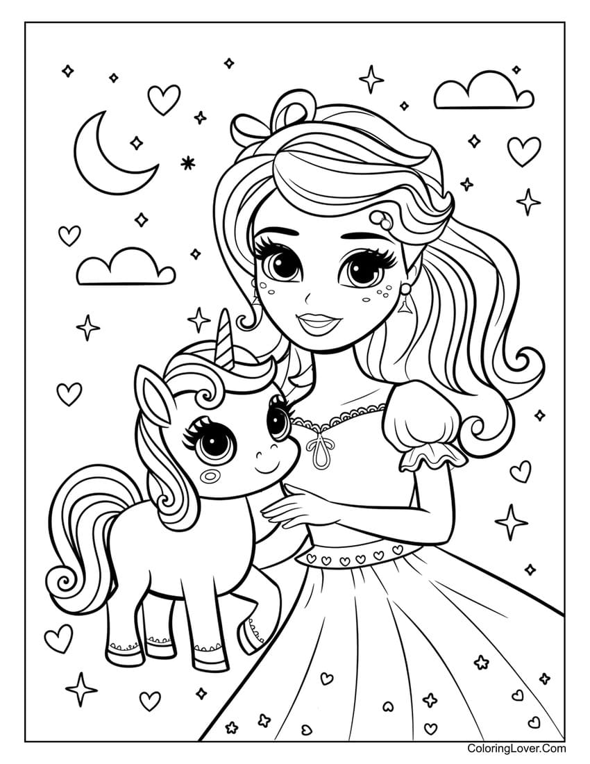Barbie princess hugging a cute baby unicorn coloring page