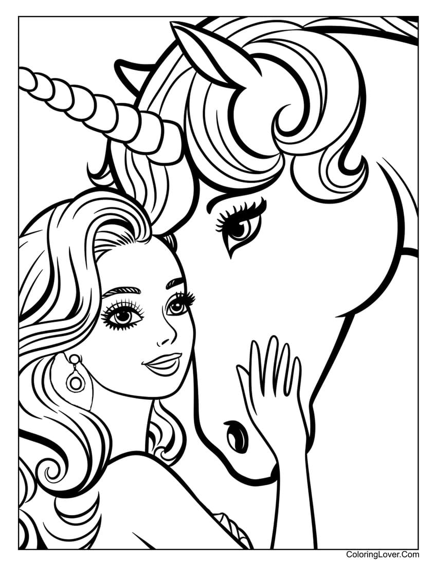 Barbie smiling while petting a unicorn coloring page