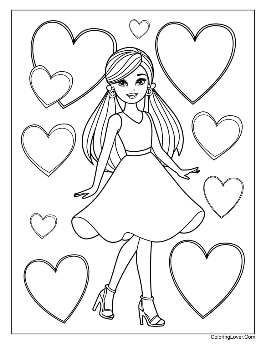 Barbie surrounded by hearts coloring page