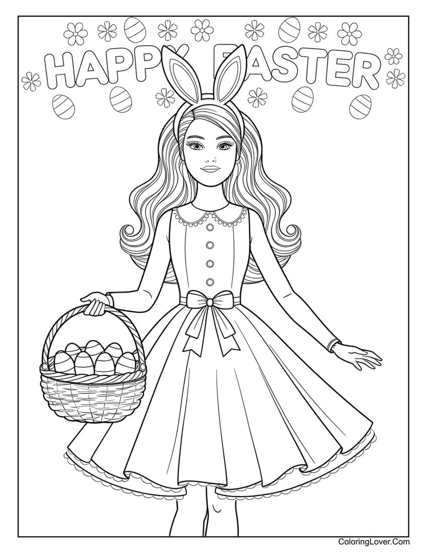 Barbie wearing bunny ears with an Easter basket coloring page