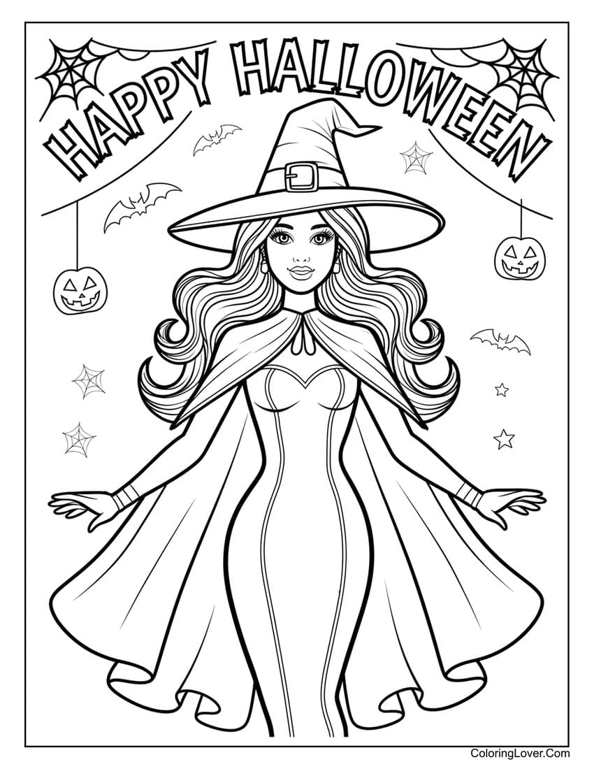 Barbie witch in Halloween cape coloring page