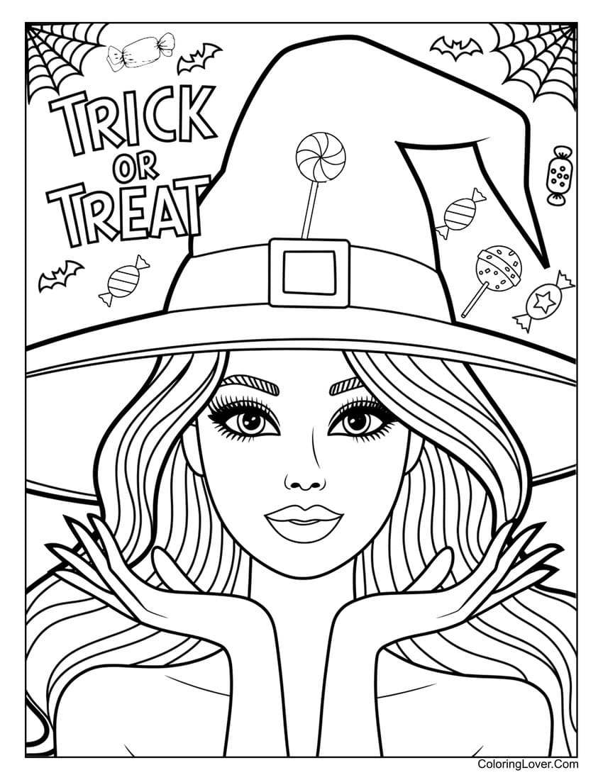 Barbie witch with candies trick or treat coloring page