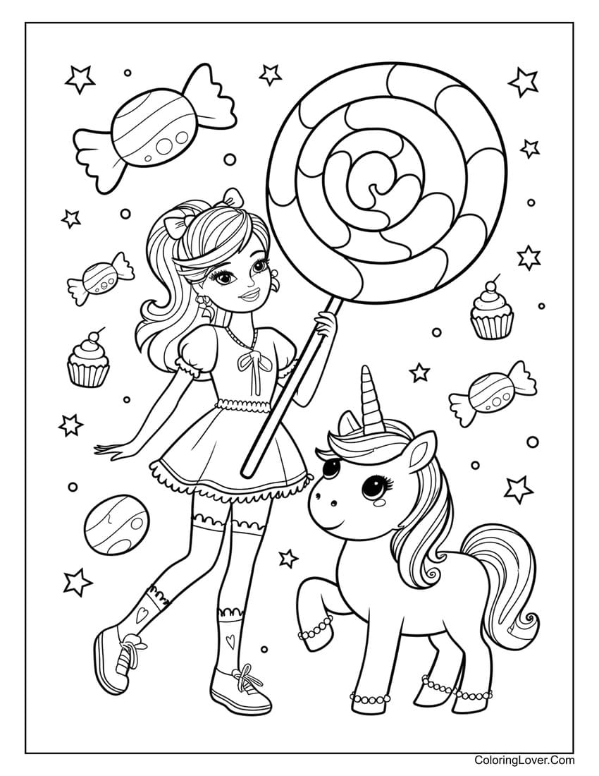 Barbie with a giant lollipop and unicorn coloring page