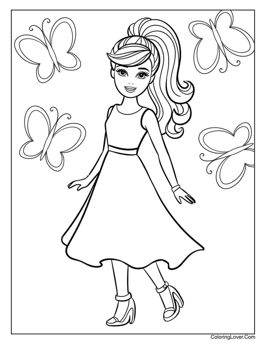 Barbie with butterflies in a flowing dress coloring page