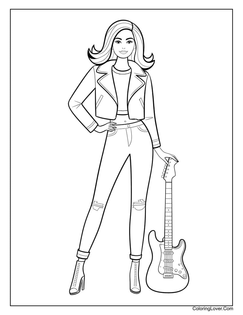 Barbie with electric guitar in stylish outfit coloring page