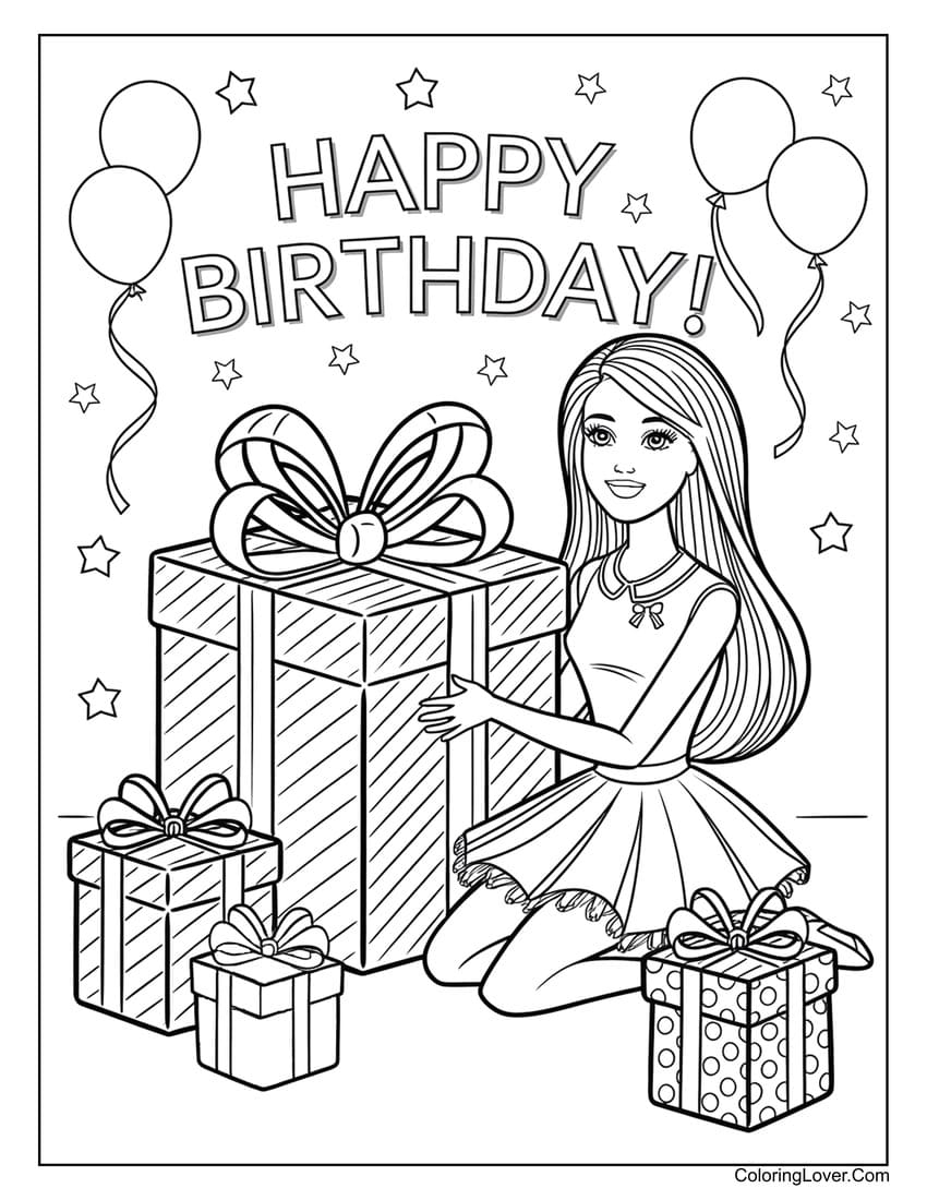 Barbie with giant birthday presents coloring page