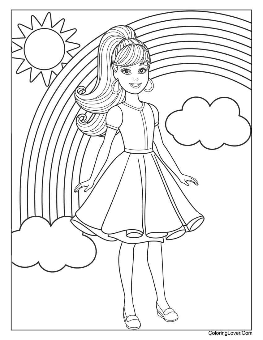 Barbie with rainbow and sun coloring page