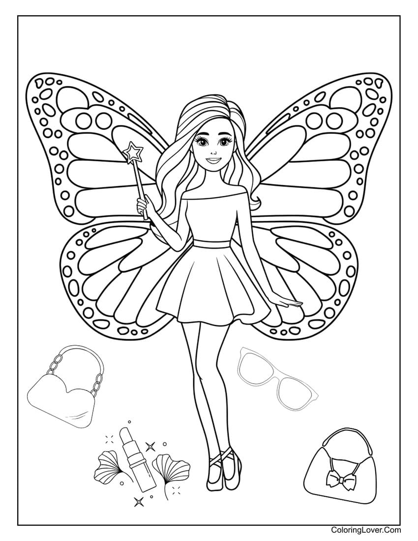 Butterfly fairy Barbie with accessories coloring page for girls