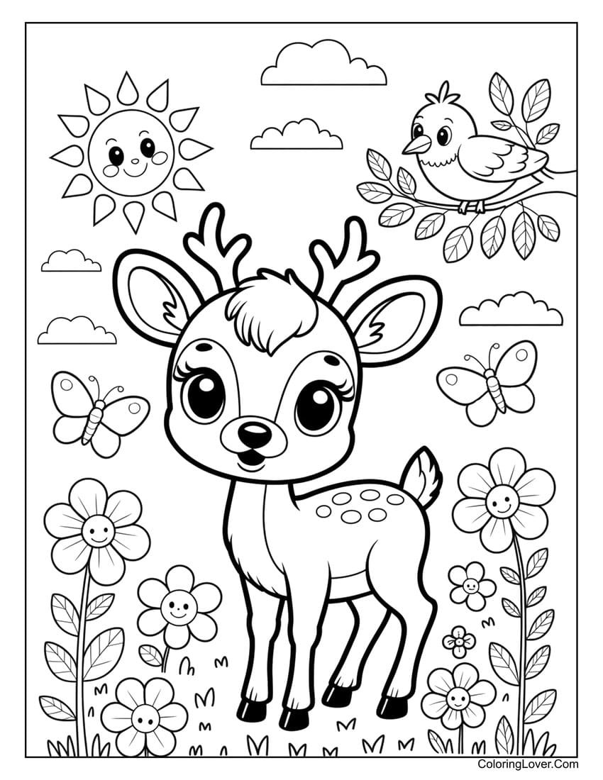 Cute baby deer in flower garden coloring page