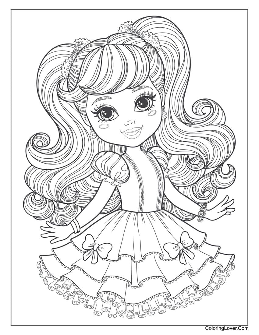 cute barbie in a frilly dress for girls coloring page