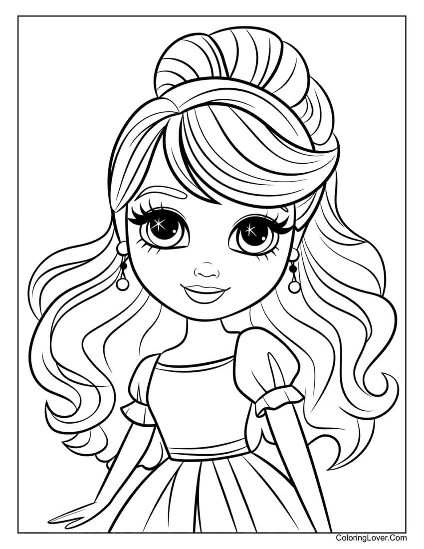 cute barbie with elegant dress for girls coloring page