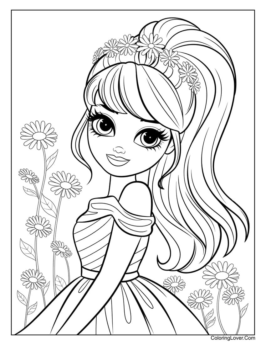 cute barbie with flower crown coloring page