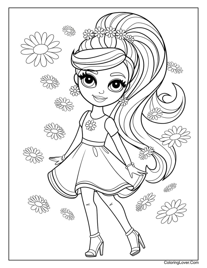 cute barbie with flowers for girls coloring page