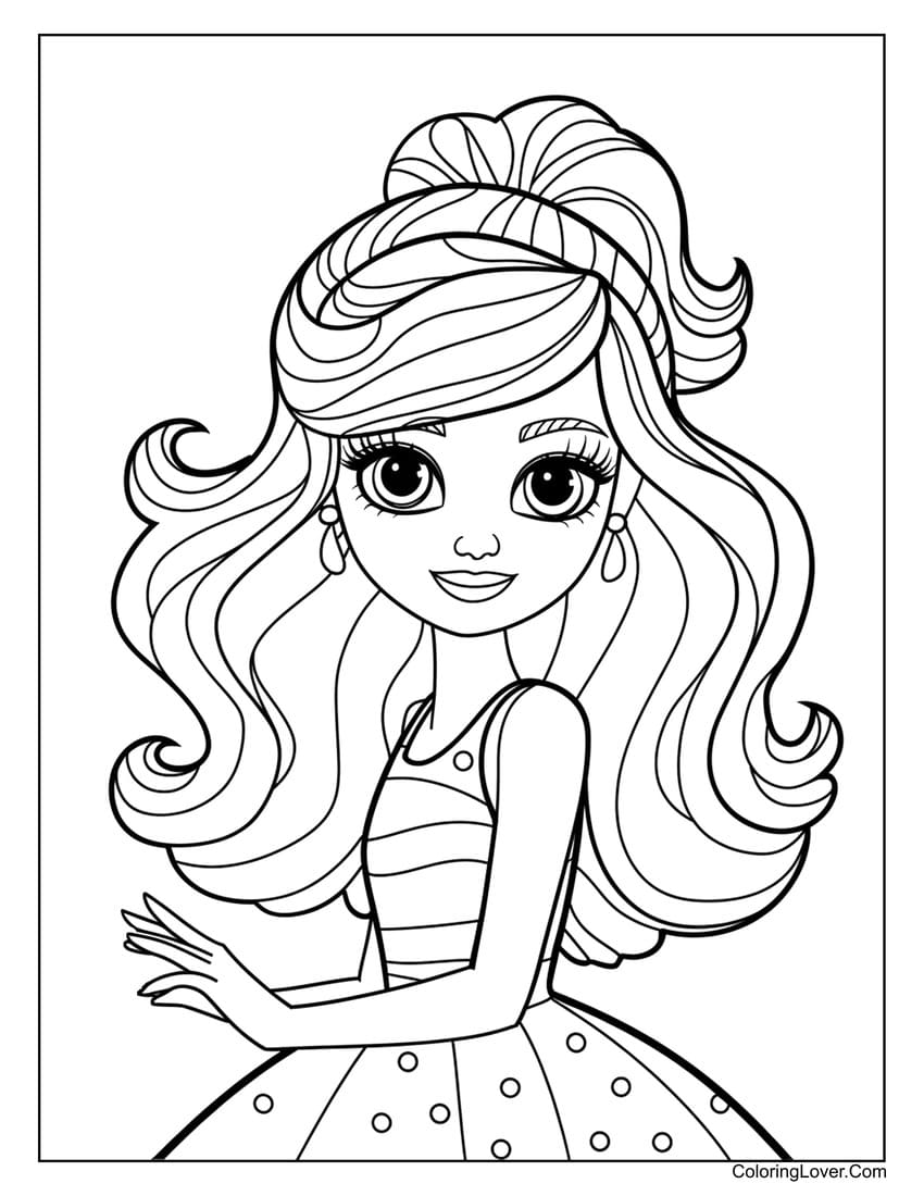 cute barbie with stylish curls for girls coloring page