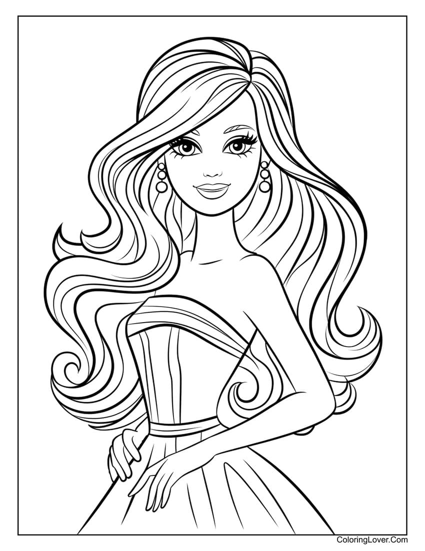 cute barbie with wavy hair coloring page