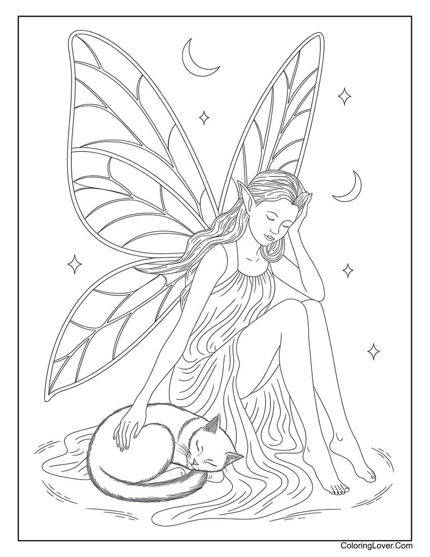 Elegant fairy resting with a sleeping cat coloring page