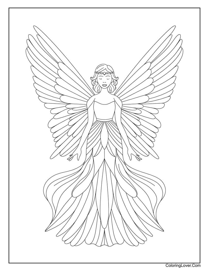 Enchanting fairy with angelic feathered wings coloring page