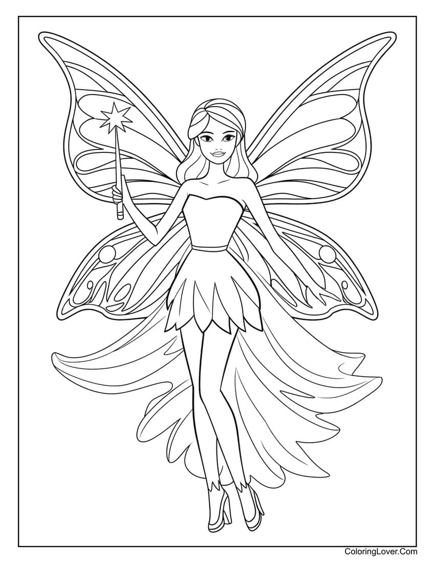 Fairy Barbie holding a wand in fantasy dress coloring page for girls