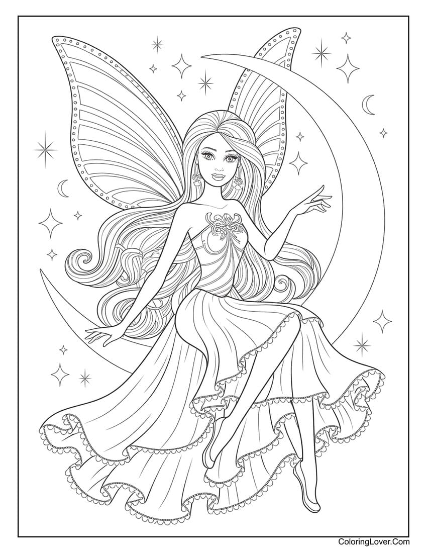 Fairy Barbie sitting on the moon in magical dress coloring page for girls