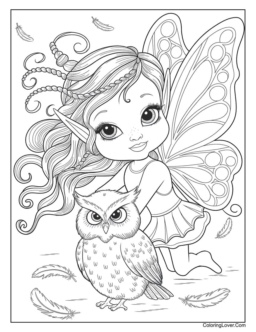 Fairy with long hair and an owl coloring page