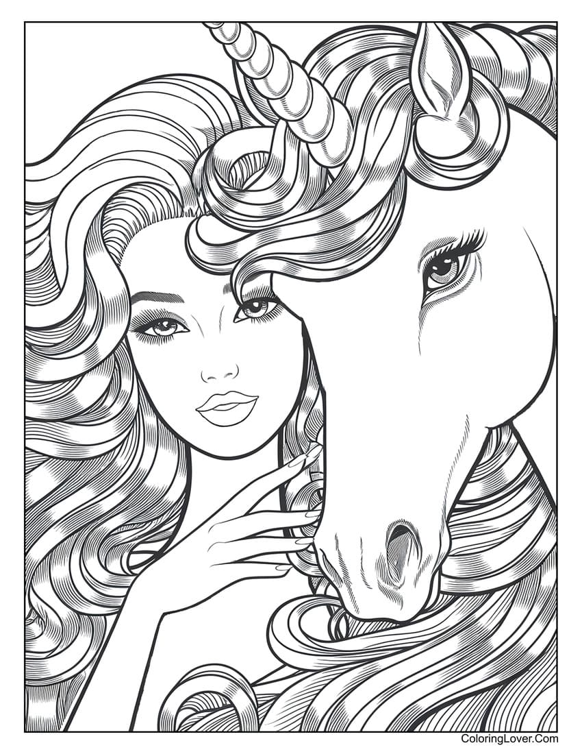 Fantasy Barbie with long hair and unicorn coloring page