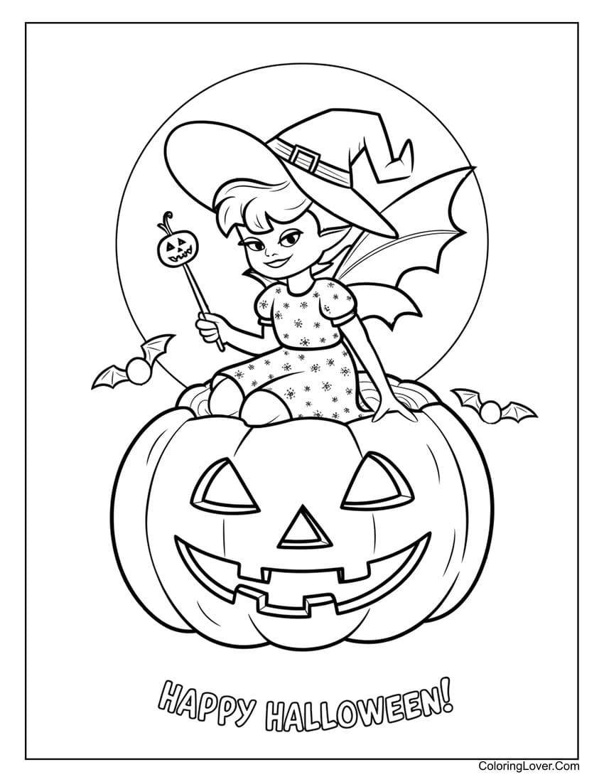 Halloween fairy sitting on a jack-o-lantern coloring page