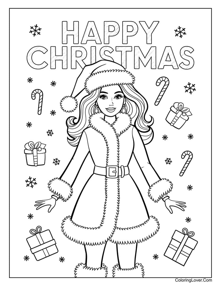 Happy Christmas Barbie with presents coloring page