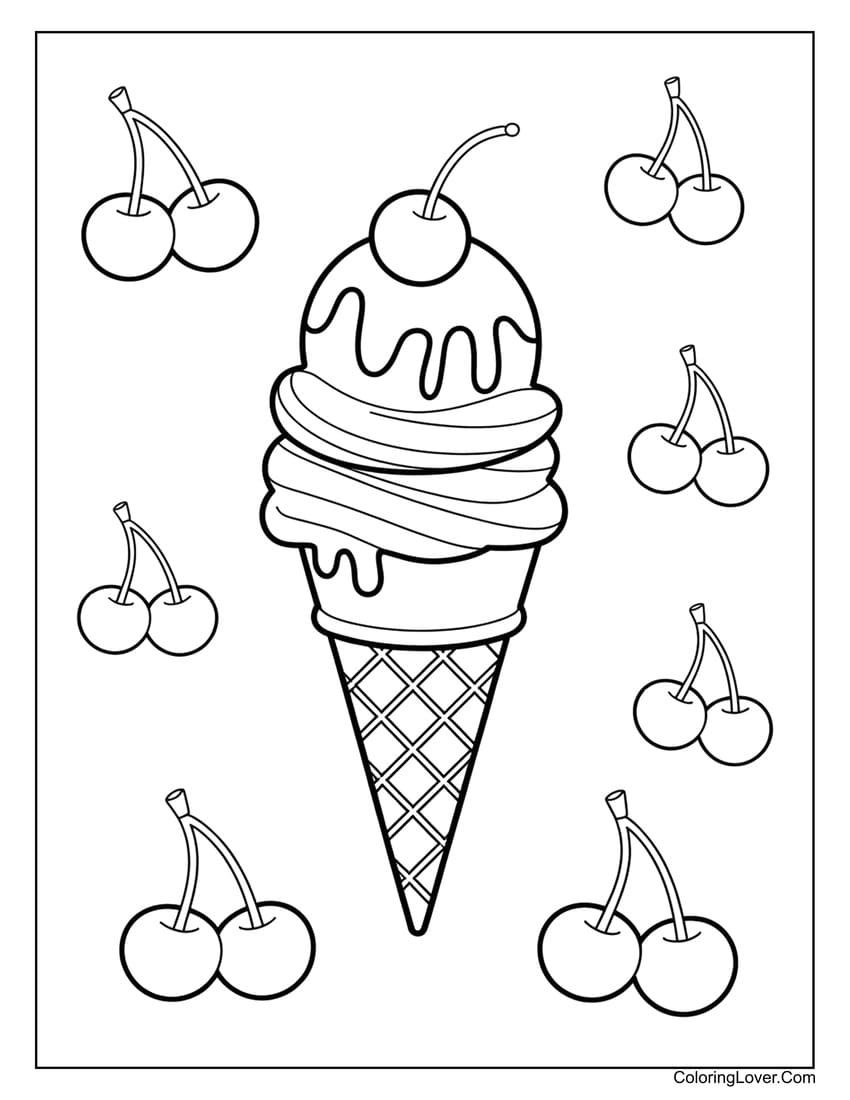 Ice cream and cherries coloring page