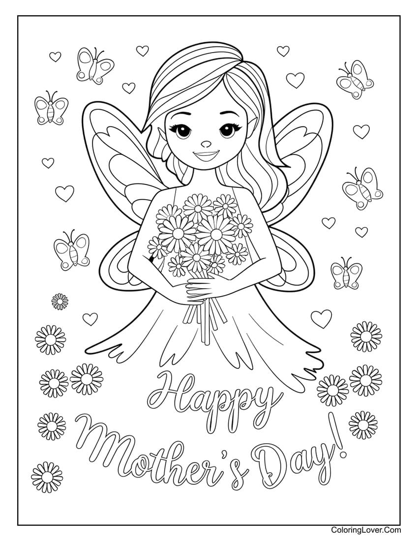 Mother’s Day fairy holding a flower bouquet coloring page