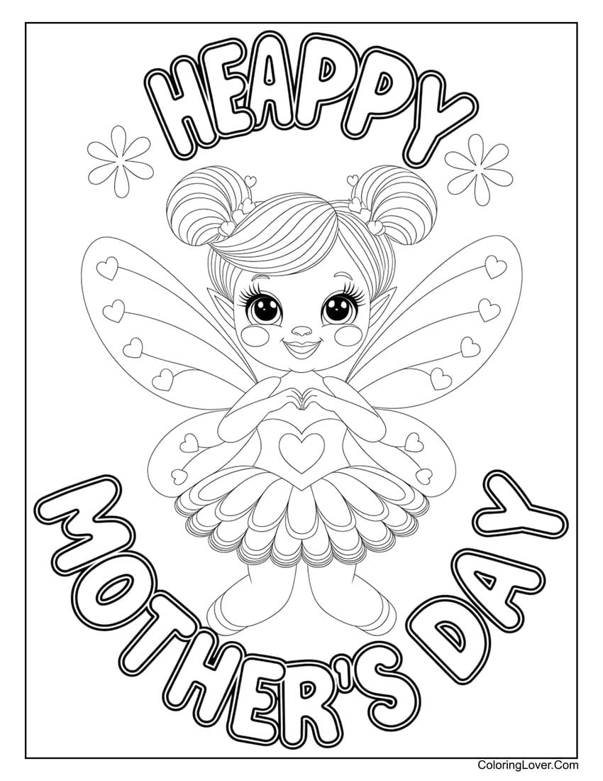 Mother’s Day fairy with heart decorations coloring page