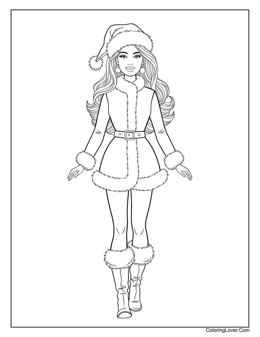Santa outfit Barbie winter theme coloring page