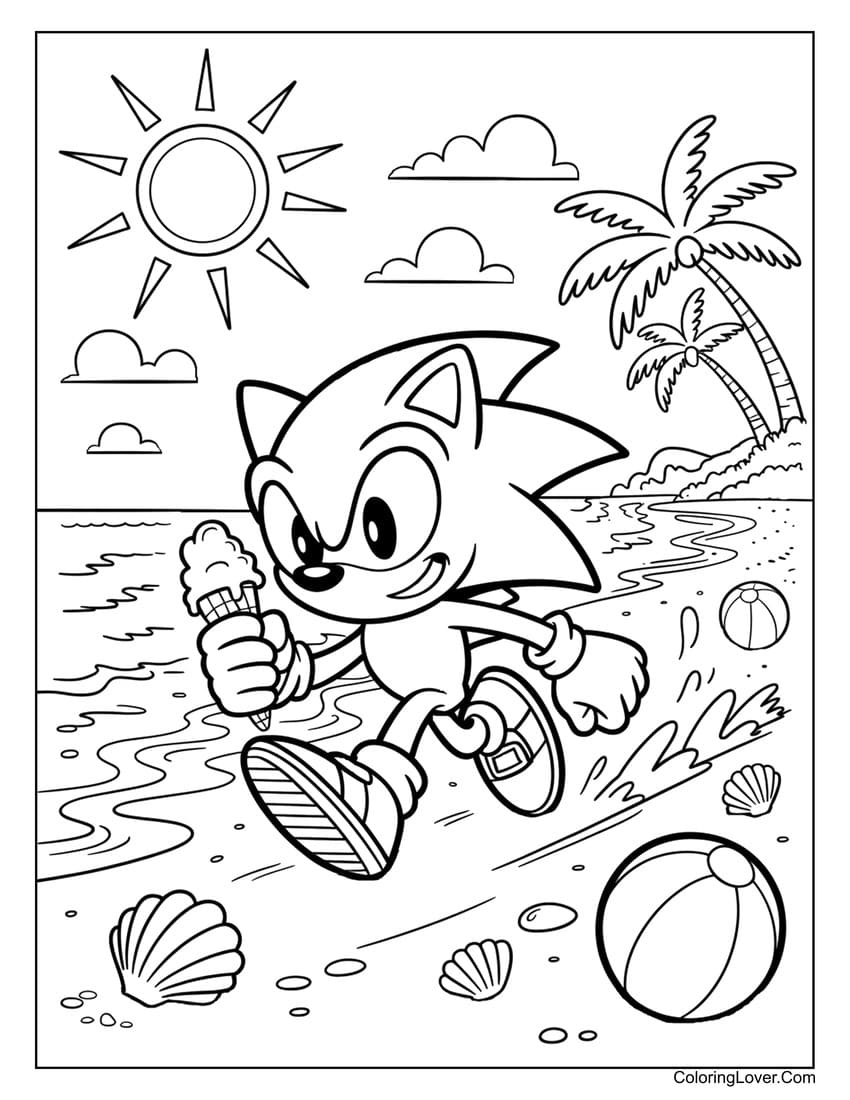Sonic running with ice cream on beach coloring page