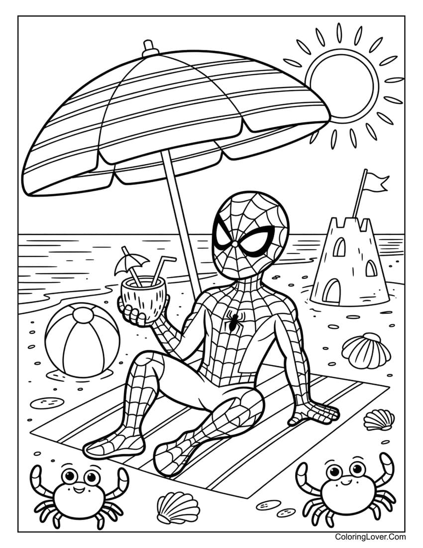 Spiderman relaxing under beach umbrella coloring page