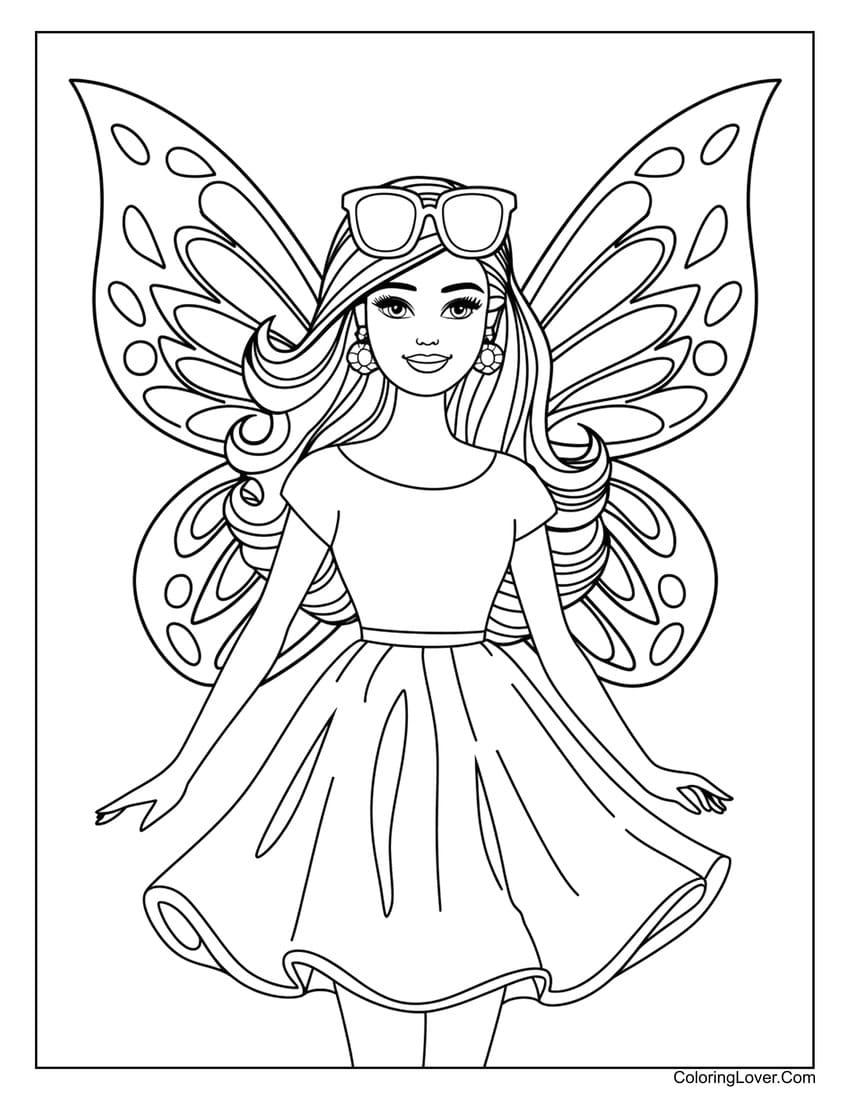 Trendy fairy Barbie with stylish sunglasses coloring page for girls