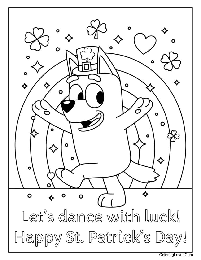 Bluey dancing St. Patrick’s Day coloring page