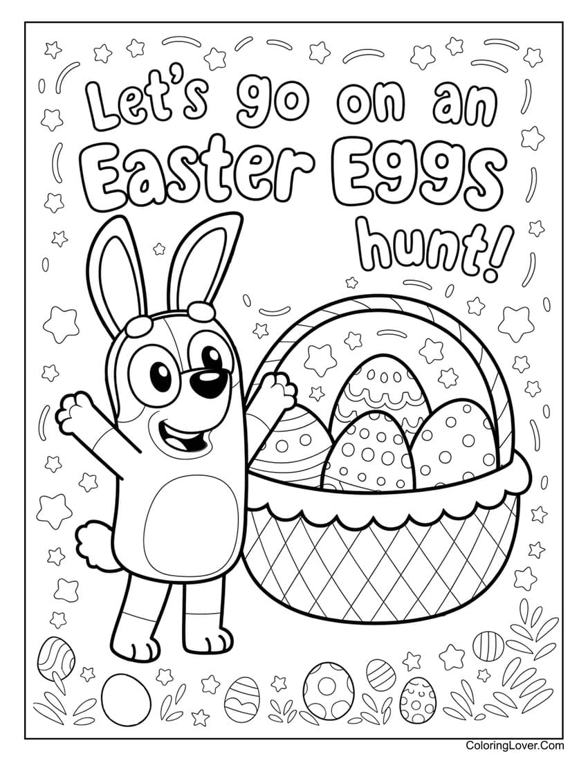 Bluey with an Easter egg basket coloring page
