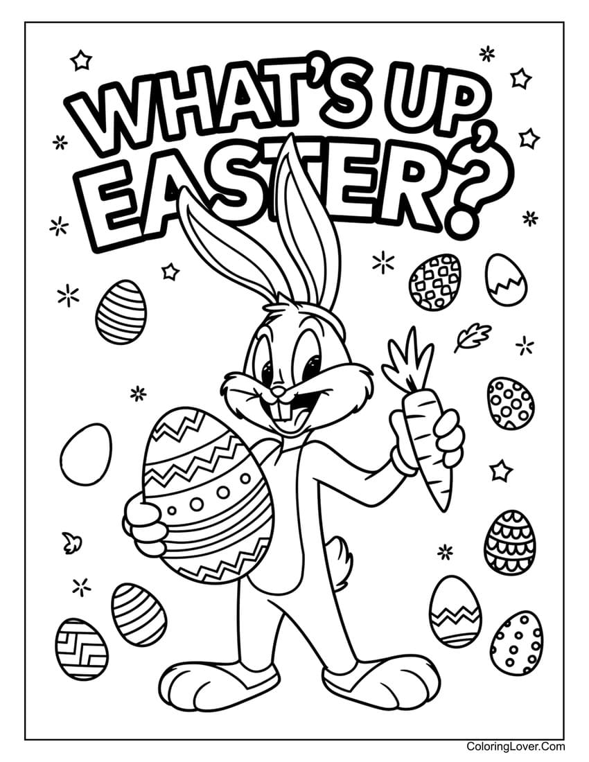 Bugs Bunny holding an Easter egg and carrot coloring page