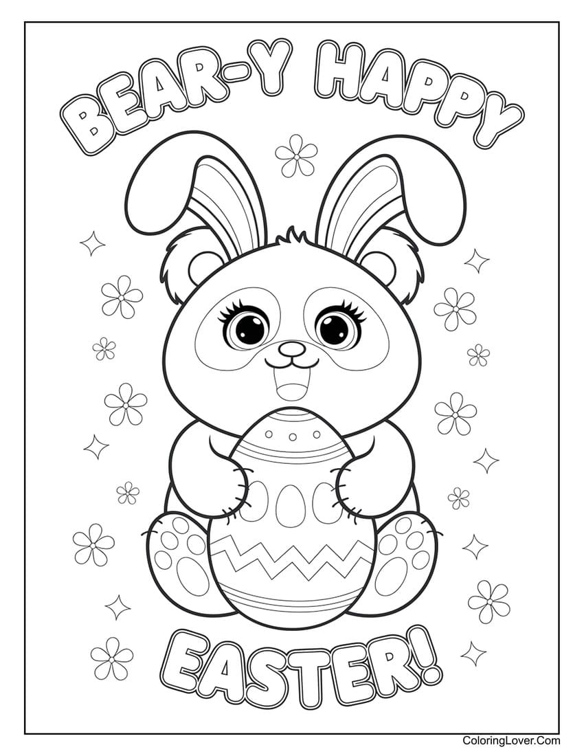 Cute bear with bunny ears holding Easter egg coloring page for kids