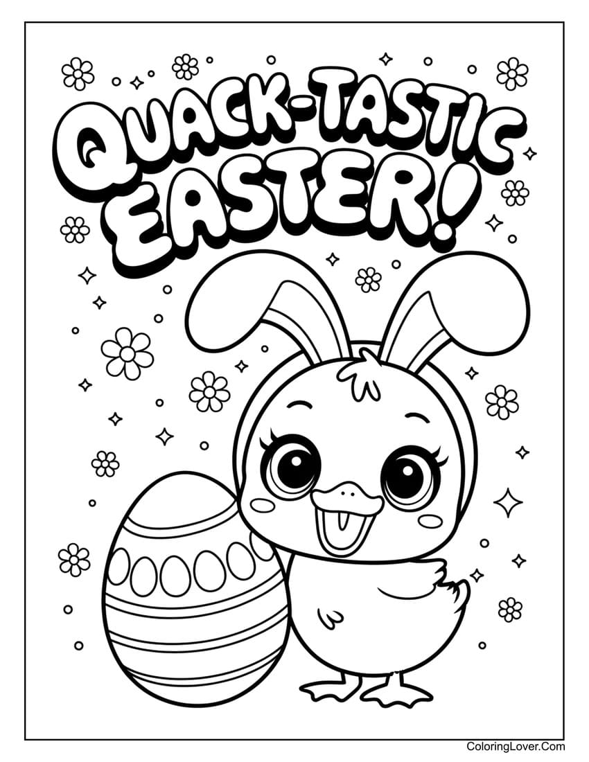 Cute duck with bunny ears and Easter egg coloring page