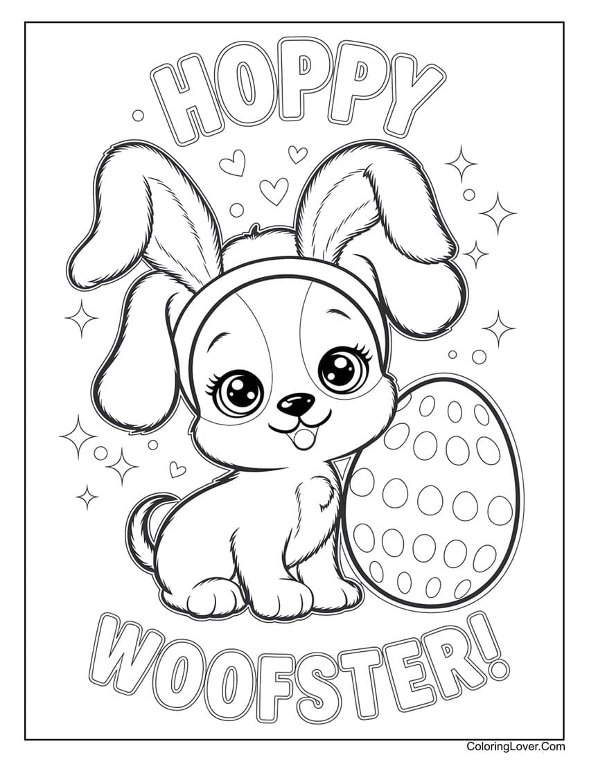 Cute Easter puppy with decorated egg coloring page