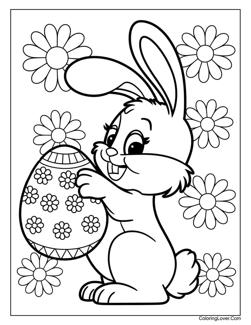 Cute preschool bunny holding an Easter egg coloring page