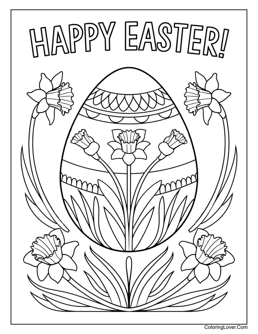 Decorated Easter egg with daffodils coloring page for kids