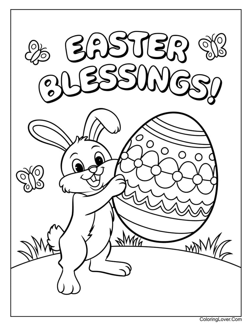 Easter bunny hugging a large egg coloring page