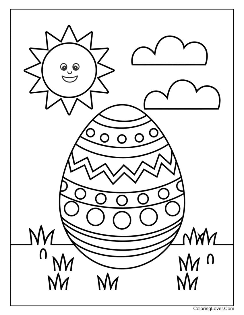 Easy Easter egg with sun and clouds coloring page