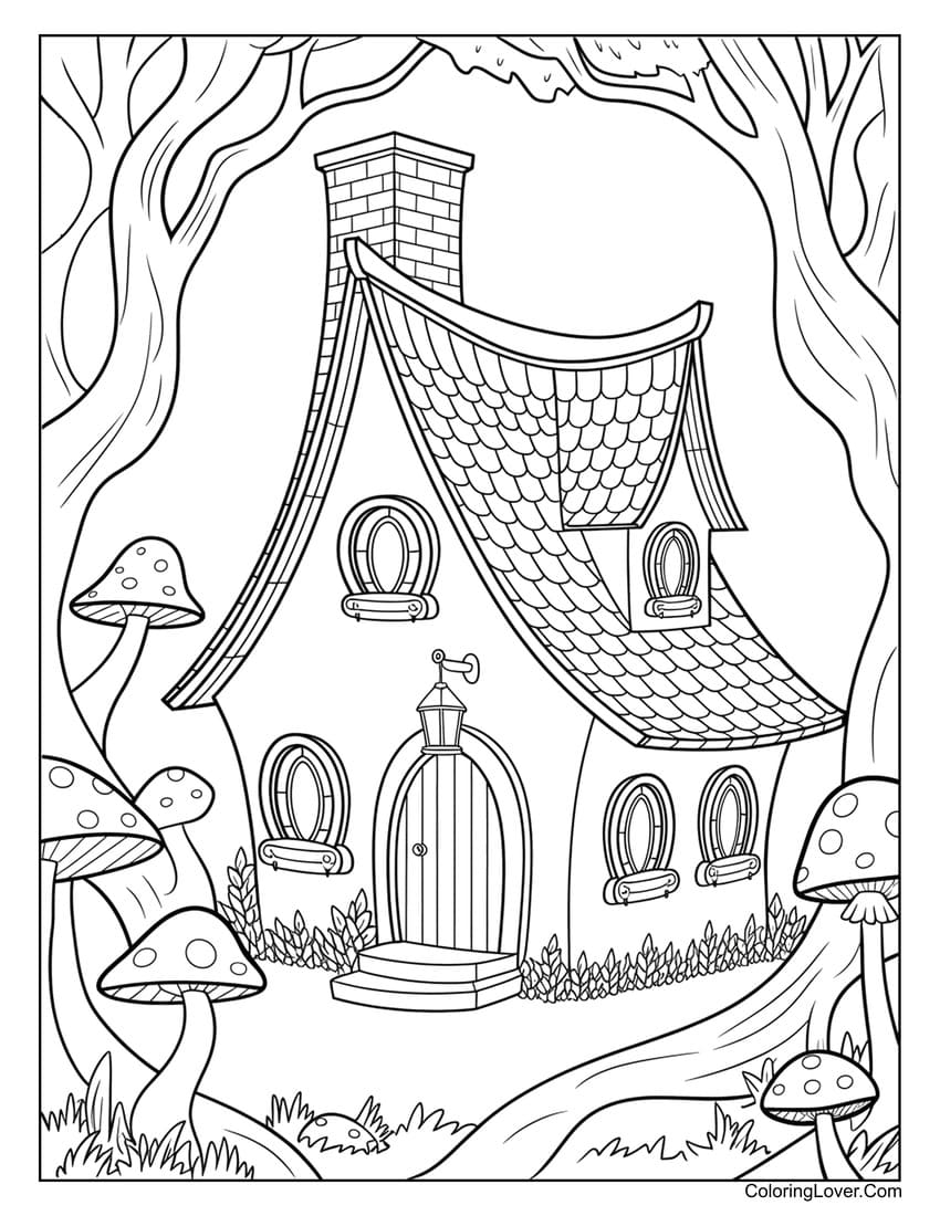 Fairy tale cottage coloring page with mushrooms