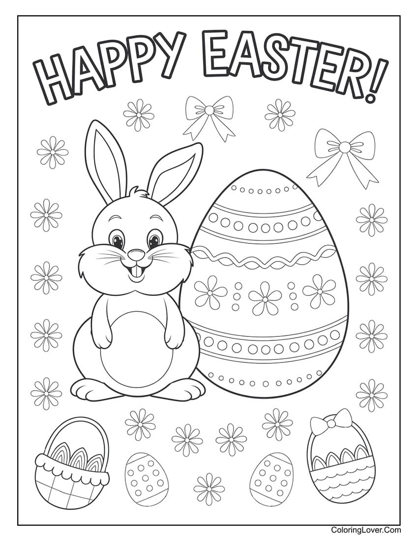 Happy Easter bunny with decorated egg coloring page