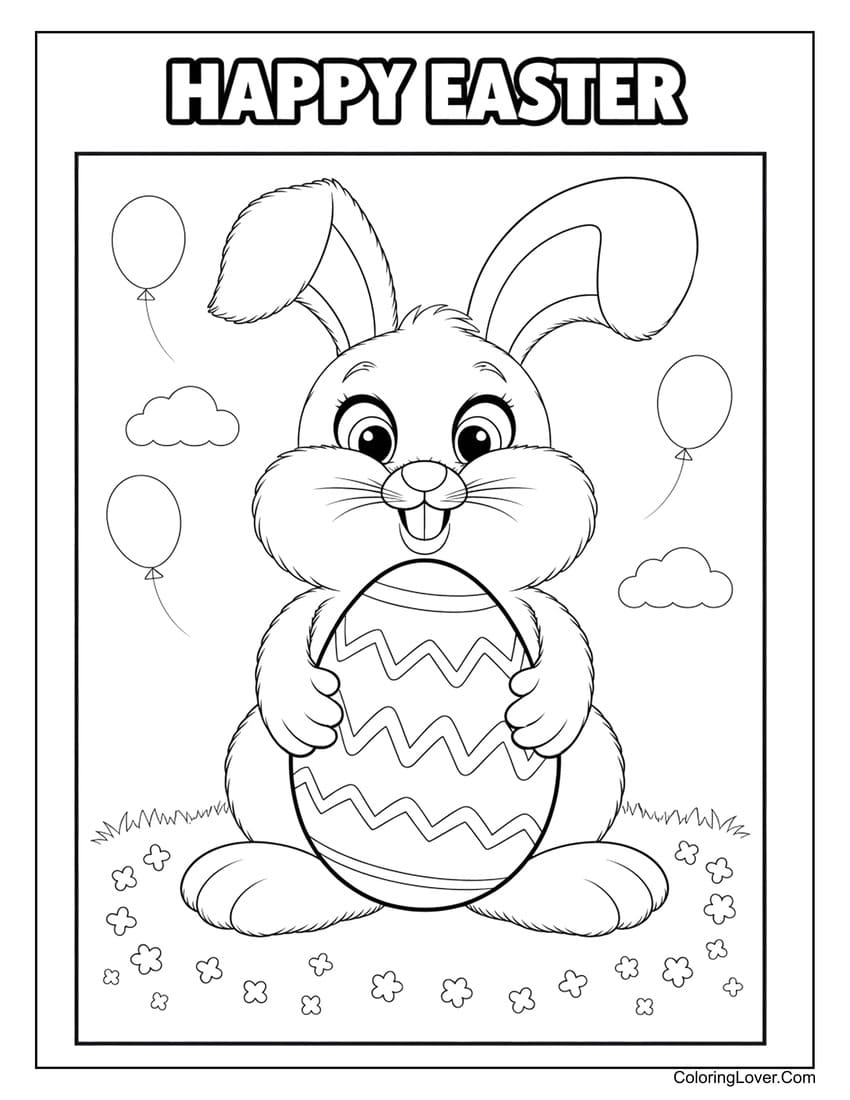 Happy Easter bunny with festive egg coloring page